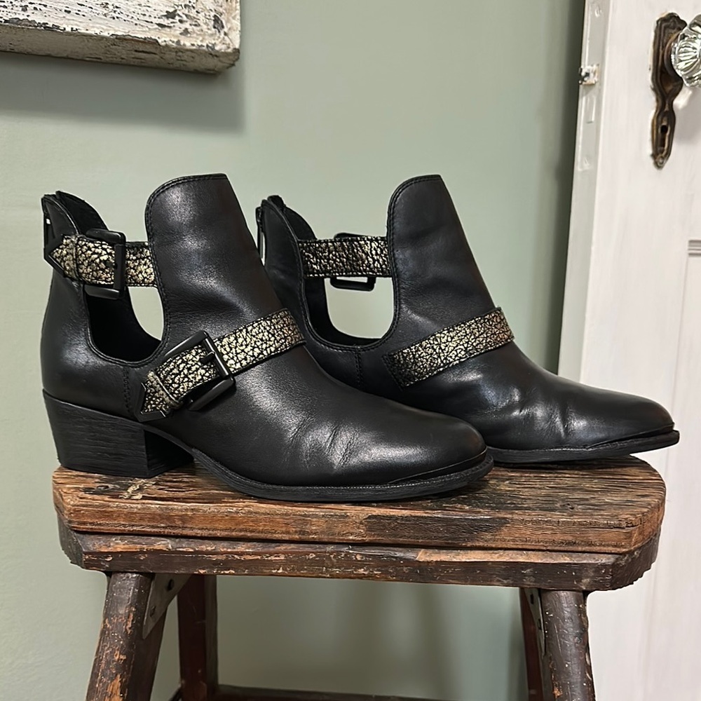 Elliott Lucca Rafaella Black Leather Cutout Moto Ankle Boots with Gold Accents